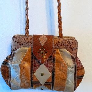 Vintage Sharif Purse Boho Brown Patchwork Snakeskin Leather Crossbody Shoulder